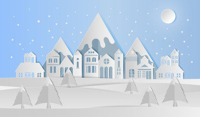 Landscape of village in winter, Paper art style. Vector illustration