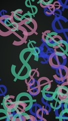 Multicolored translucent dollar signs on dark background. Vertical image orientation. 3D illustration