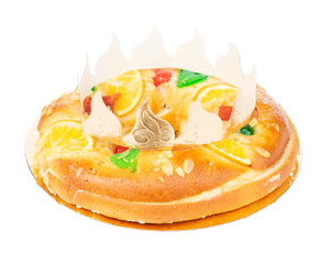 Roscon de Reyes traditional spanish cake wih crown for Epiphany festivites isolated on white background