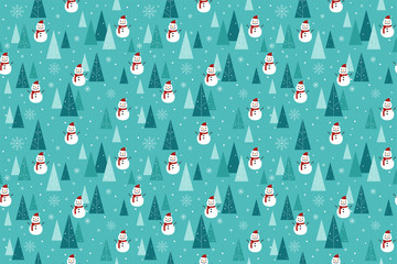 Merry Christmas pattern seamless. Snowman and tree wallpaper. Blue Xmas background. Endless texture for gift wrap, wallpaper, web banner background, wrapping paper and Fabric patterns.