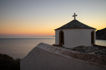 Minimalistic Traditional Architecture of the Greek Islands - Sunrise at Christian Orthodox White Church at Skopelos, Northern Sporades - Panagitsa Tou Pirgou