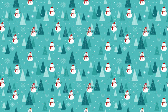 Merry Christmas pattern seamless. Snowman and tree wallpaper. Blue Xmas background. Endless texture for gift wrap, wallpaper, web banner background, wrapping paper and Fabric patterns.