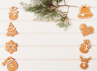 Christmas cookie on a white wood board. space for text