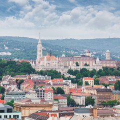 St. Matthias Church in the Fisherman's Bastion in Budapest, Hungary. Panorama of Budapest with a...