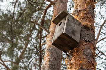Birdhouse on a pine tree