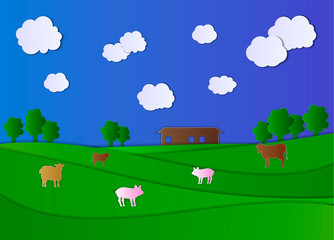 Vector Cartoon Paper Art Style Farm Field, Farm House and Animals, Cloudy Sky.