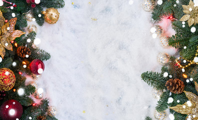Naklejka na ściany i meble Christmas decorated evergreen tree with lights flat lay frame scene with copy space on snow