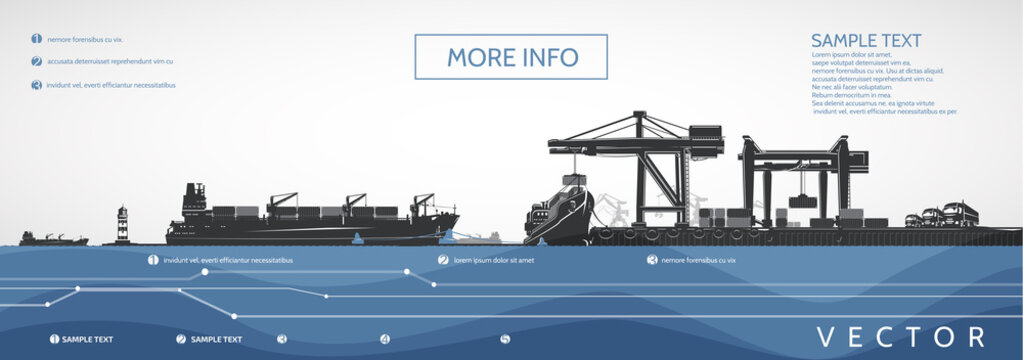 Container ship sailing to the pier, gantry and loaders cranes, vector infographics.