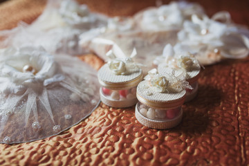 Wedding decor in the restaurant, bonbonnieres, candy boxes