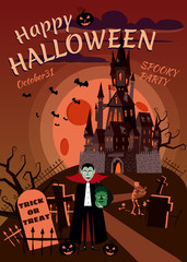 Happy Halloween pumpkin in the cemetery, abandoned black castle, Vampire with head Zombies, full moon dark night, crosses and tombstones. Vector, isolated, holiday greeting card, poster, banner