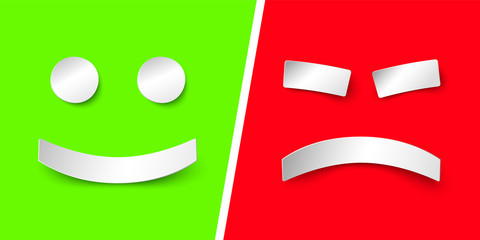 Joyful and evil smiles. Vector Illustration in paper style with shadow. Concept of a review of a product