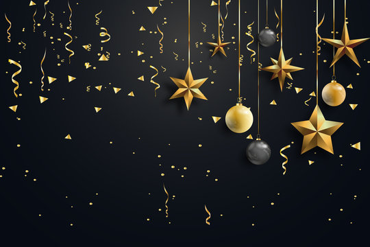 Happy New Year and Merry Christmas. Christmas black background decorated with gold sparkles and stars. Vector illustration.