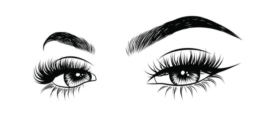Abstract fashion illustration of the eye with creative makeup. Hand drawn vector idea for business visit cards, templates, web, salon banners,brochures. Natural eyebrows and glam eyelashes