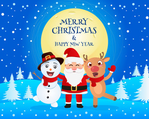 Merry Christmas! Happy company, Snowman, Santa and Reindeer 