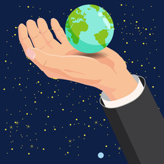 Hand holding Earth globe in space vector illustration, Cartoon style, baner, poster, illustration, vector