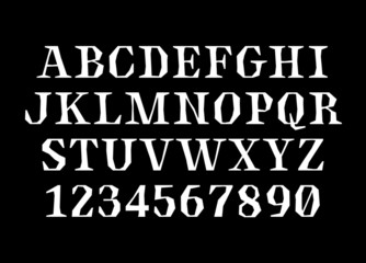 Modern antique serif font and type, english alphabet with caps uppercase letters and numerals of graved sharp style for fashion, beauty and editorial business