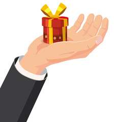 The hand that holds the box, gift. Cartoon style. The concept of delivery, victory, Christmas holiday, birthday, engagement, wedding. Vector, illustration, isolated