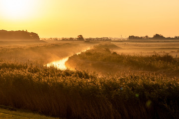 Nebliger Sonnenaufgang im Herbst