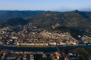 Aerial view of the beautiful village of Bosa with coloured houses. Bosa is located in the north-west of Sardinia, Italy.