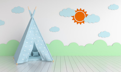 Teepee in child room interior for mockup, 3D rendering