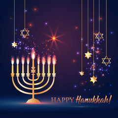 Happy Hanukkah Shining Background with Menorah, David Star and Bokeh Effect. illustration on dark.