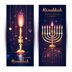 Happy Hanukkah Shining Background with Menorah, David Stars and Bokeh Effect. Set of banners on dark.