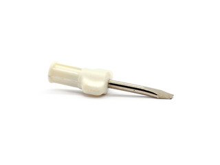 Flat blade screwdriver is practical hand tool old isolated on white background.