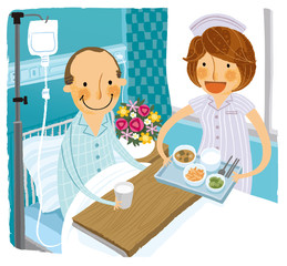 Patient in hospital bed receiving breakfast from Nurse