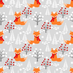 Materiał do szycia Cute fox in Christmas winter seamless pattern.