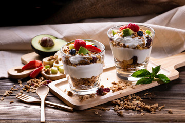 Healthy layered dessert with yogurt