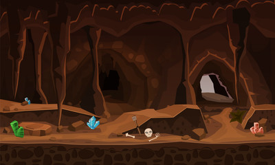Treasure cave with crystals. Concept, art for computer game. Background image to use games, apps, banners, graphics. Vector cartoon illustration
