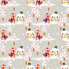 Cute fox make snowman in Christmas seamless pattern.