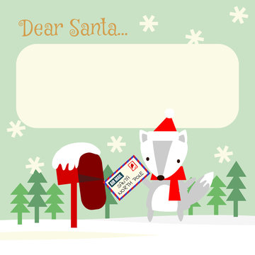 Cute fox send letter in Christmas season.Greeting card or invitation.