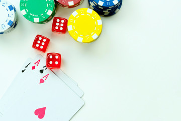 Gambling Cards Red Dices and Money Chips
