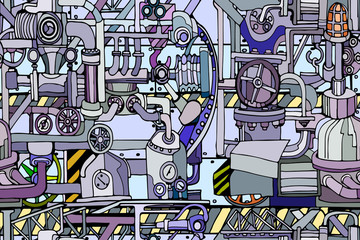 Vector seamless pattern with abstract industry or steampunk background. Fantasy technology or factory illustration with decorative machine sketch elements.  Hand drawn.