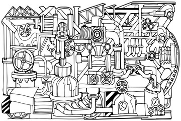 Vector abstract industry black and white background. Technology or factory illustration with decorative industrial sketch elements.  Vintage linear style concept. Hand drawn.