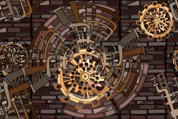 Vector seamless pattern. Abstract industrial background with fictional gearwheels and details of machines illustrating retro technology or steampunk concept. Hand drawn.
