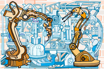 Vector decorative background with abstract robotic arms and industry or steampunk machines. Fantasy technology or factory illustration with decorative machine sketch elements.
