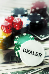 Red Dices Money Chips and Gambling Cards
