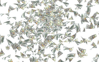 Flying dollars banknotes isolated on a white background. Money is flying in the air. 100 US banknotes new sample. 3D illustration