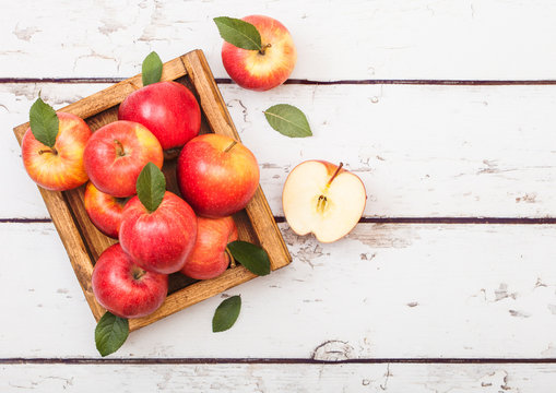 Healthy Red Organic Healthy Apples In Vintage Box On Wooden Background.