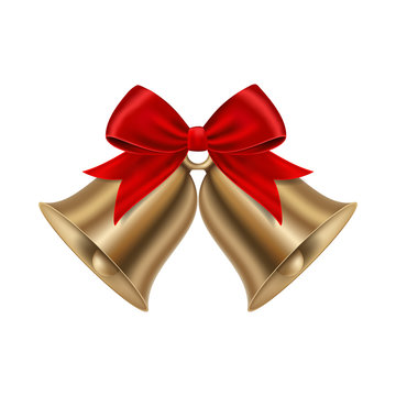 Gold christmas bells with red bow, isolated on white background.