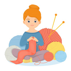 Cheerful woman knits a scarf. Vector illustration. Isolated on white background