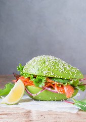Avocado burger healthy raw food copy space.