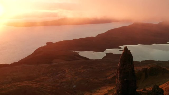Static sunrise aerial shot of Stor, Scotland, UK