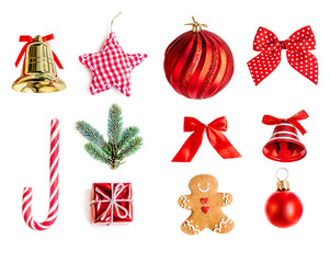 Collection of Christmas objects  for mock up template design. Red bauble, fir tree branches, stars ...