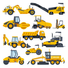 Excavator road construction vector digger or bulldozer excavating with shovel and excavation machinery illustration set of constructive vehicles and digging machine isolated on white background