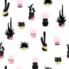 Seamless pattern with house plants in pots.