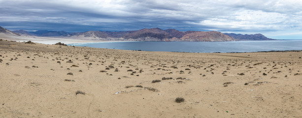 An idyllic beach at a remote location inside an arid landscape at Atacama Desert coast. The waves coming from the Pacific Ocean crash the rocks of the desert on an amazing wild dry scenery

