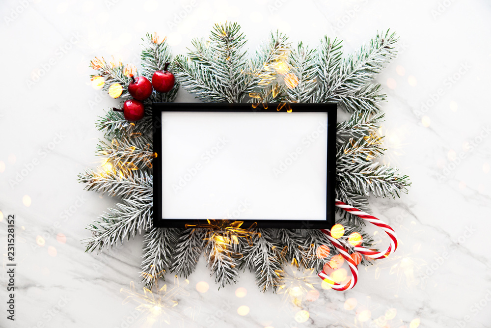 Wall mural merry christmas greeting card, frame. xmas holiday background. happy new year.